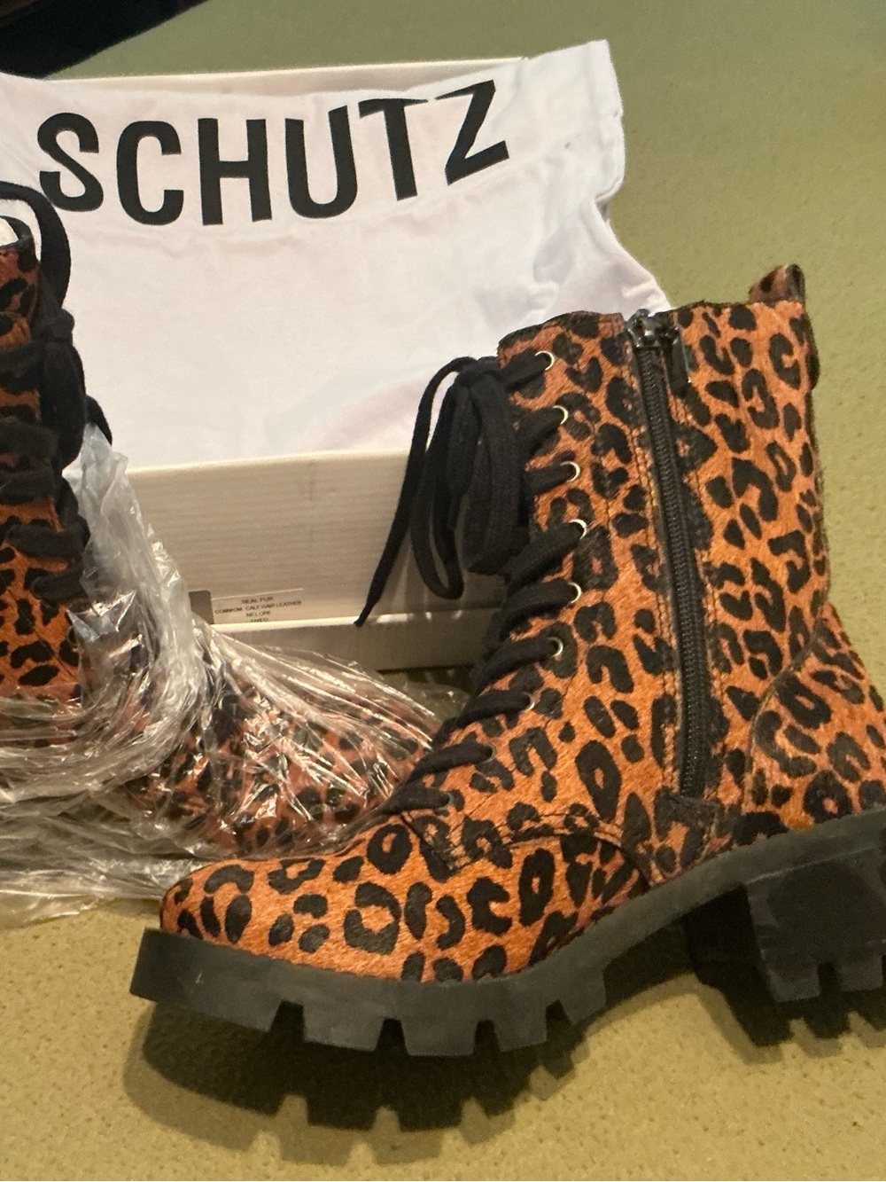 SCHUTZ Animal Print Lace-Up Combat Boots - Brown/Black